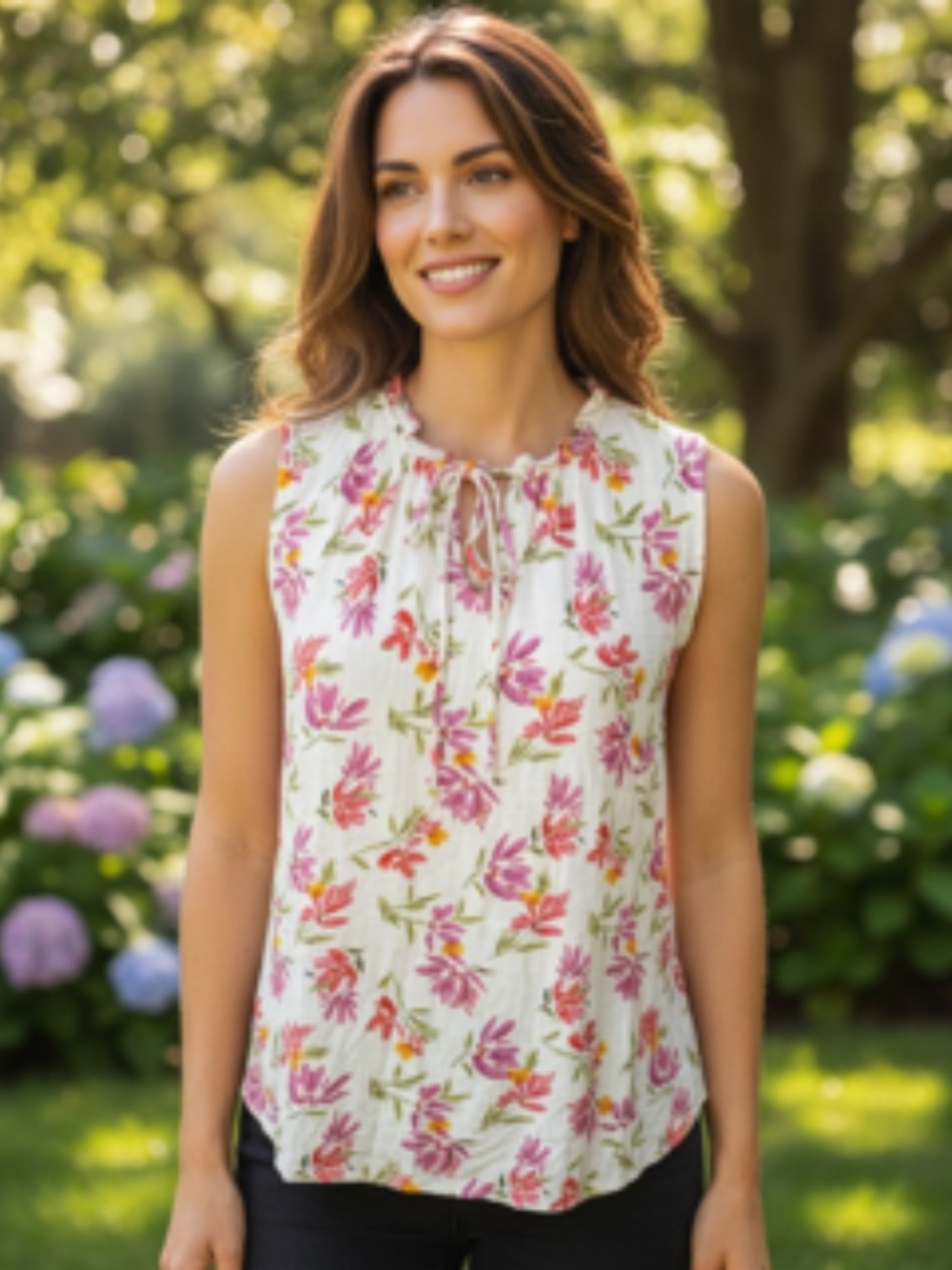 Bobeau Sleeveless Floral Lightweight Ruffled Split Neckline w/ Tie Top Size XL